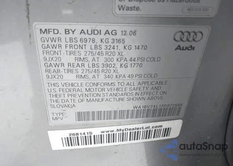 2007 Audi Q7 4.2 Premium from USA, damaged, VIN WA1BV74L17D072586